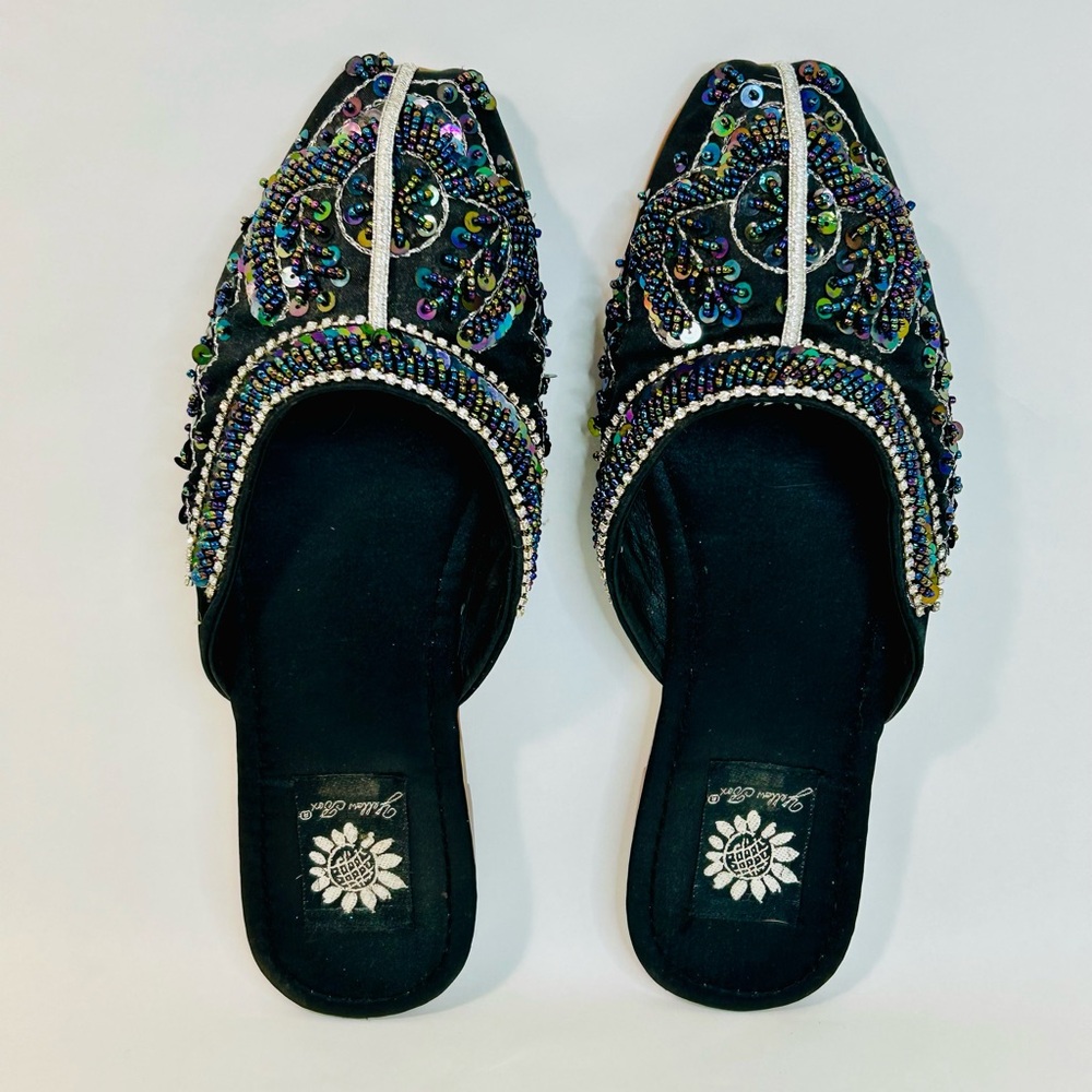 Yellow Box Black Satin Mule with Iridescent Sequins and Beads size 7